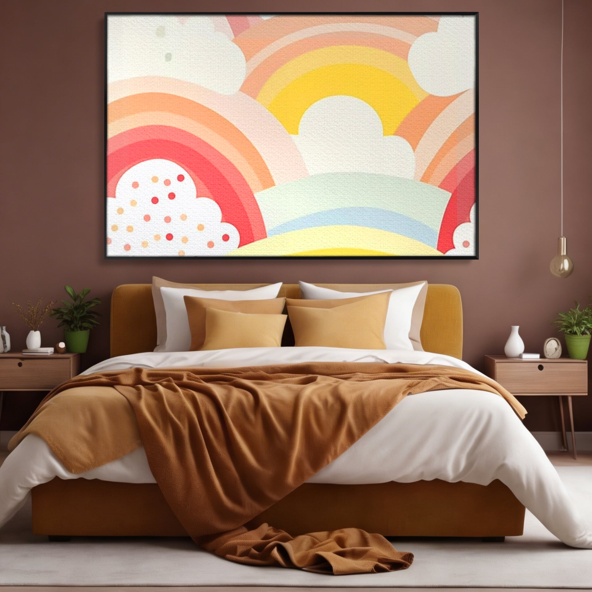 Tablou canvas cu ilustratie digitala cu curcubeu pastel si nori, in rama de aluminiu negru, pe perete intr-un dormitor